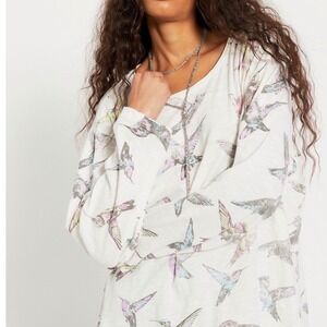 Magnolia Pearl White Long Sleeve Viggo Tee Shirt Pastel Birds Distressed NWT OS